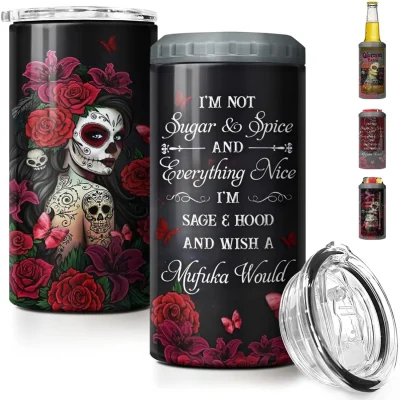 SANDJEST Sugar Skull Tumbler Sugar And Spice 4 in 1 16oz Tumbler Can Cooler Coozie Skinny Stainless Steel Tumbler Gift for Women Girl Friends Christmas Birthday