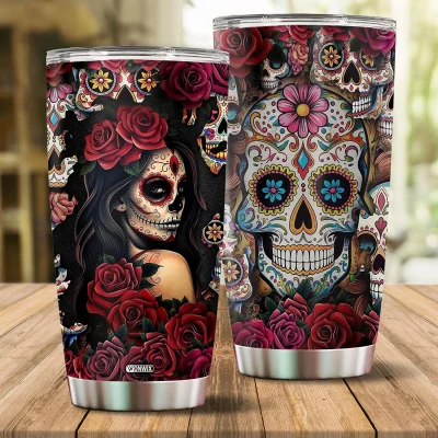 Sugar Skull Gifts for Women Insulated 20oz Stainless Steel Coffee Cup Travel Mug Water Bottle Tumbler With Lid Thermos Tattoo Girls Wife Daughter Mom