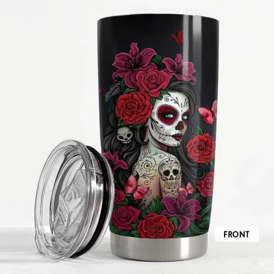 SANDJEST Sugar Skull Tumbler Sugar And Spice 20oz Tumblers with Lid Gift for Women Girl Friends Christmas Birthday