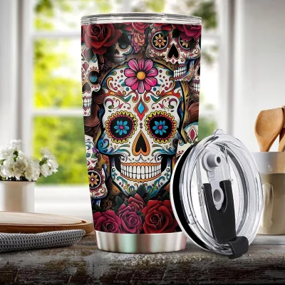 Sugar Skull Gifts for Women Insulated 20oz Stainless Steel Coffee Cup Travel Mug Water Bottle Tumbler With Lid Thermos Tattoo Girls Wife Daughter Mom