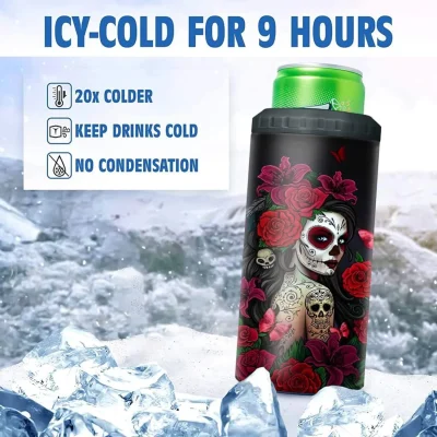 SANDJEST Sugar Skull Tumbler Sugar And Spice 4 in 1 16oz Tumbler Can Cooler Coozie Skinny Stainless Steel Tumbler Gift for Women Girl Friends Christmas Birthday