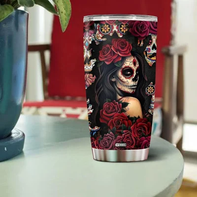 Sugar Skull Gifts for Women Insulated 20oz Stainless Steel Coffee Cup Travel Mug Water Bottle Tumbler With Lid Thermos Tattoo Girls Wife Daughter Mom