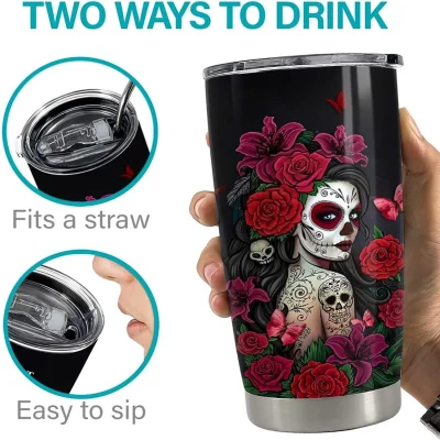 SANDJEST Sugar Skull Tumbler Sugar And Spice 20oz Tumblers with Lid Gift for Women Girl Friends Christmas Birthday